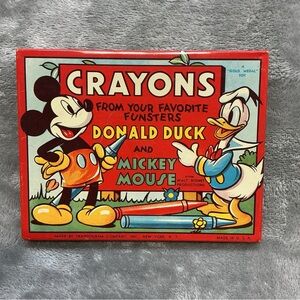 Vintage 1950 Crayons w/ Metal Case Donald Duck Mickey Mouse Metal by Transogram